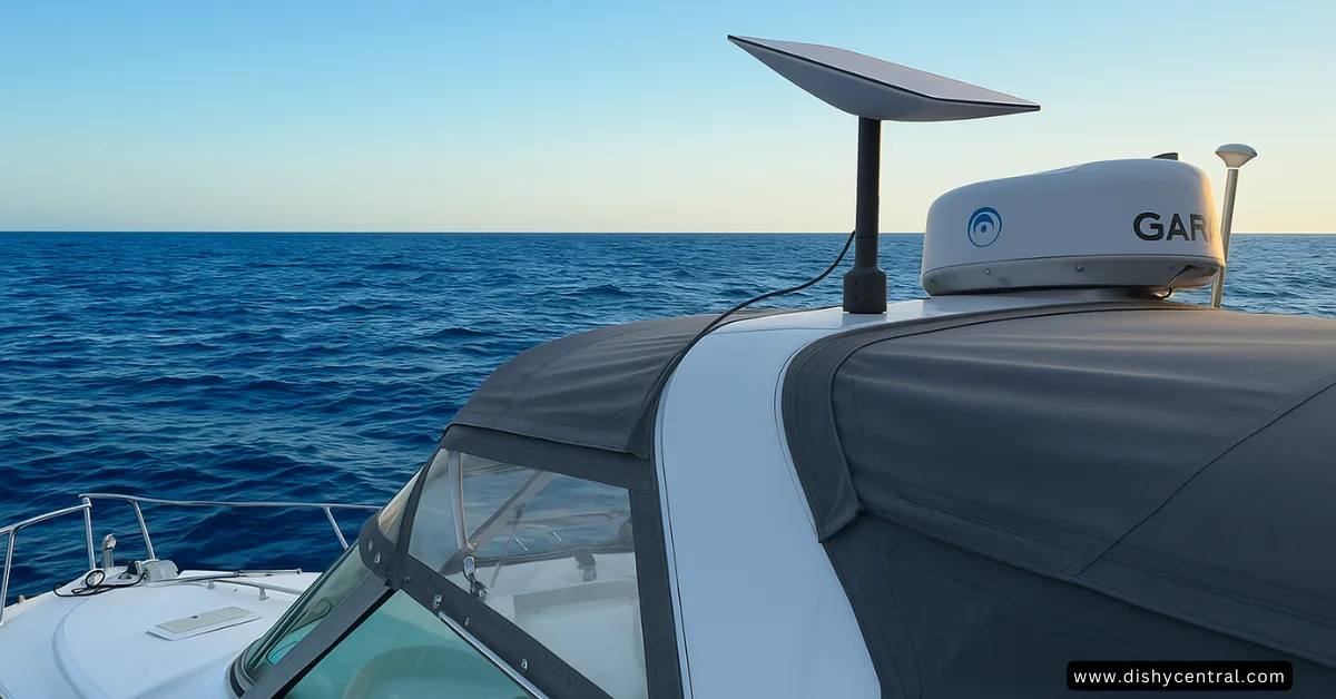 A Starlink dish installed aboard a boat at sea
