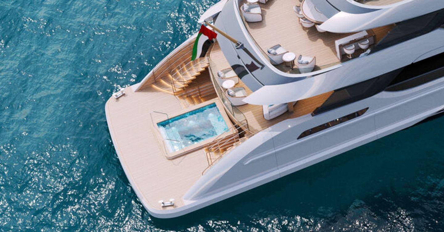 Official rendering of the Majesty 180 beach club and stern pool