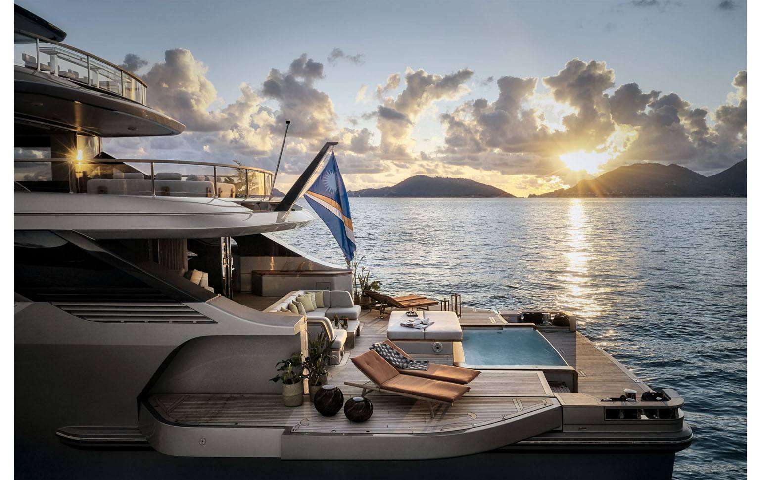 A Benetti Oasis 40M at anchor, beach club terraces deployed